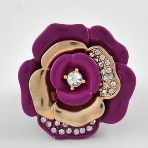 Enamel 3-D Flower Ring Magenta Gold Crystal Stone